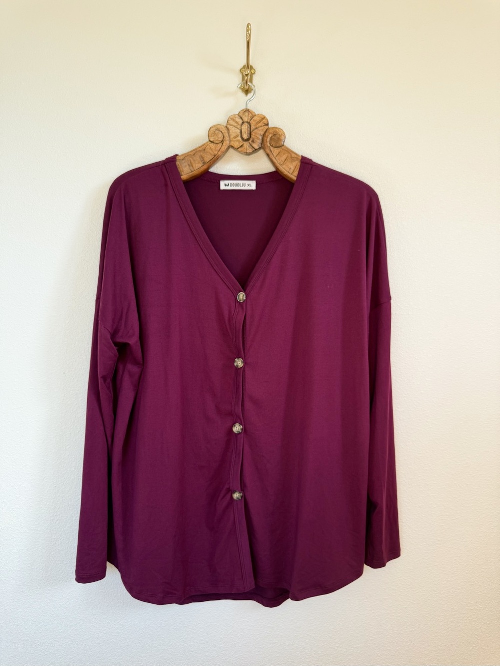 Doubl Ju Long Sleeve Button-Front Top - Plum